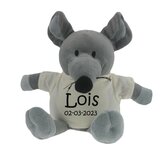 Geboorteknuffel grijze muis met naam en geboortedatum 