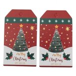 Kerst label donker rood 7 x 4.5 cm merry christmas kerstboom en sneeuw 10 stuk