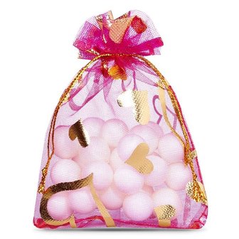 Organza zakjes fuchsia met gouden hartjes