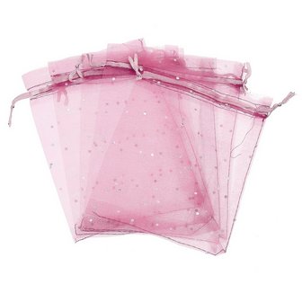 Organza zakjes roze met &quot;diamantje&quot; 7 x 9 cm