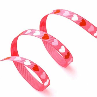 Grosgrain lint 1 cm roze met hartjes 5 meter