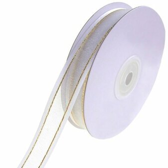 Organza satijn lint met goud lurex randje 25 mm wit