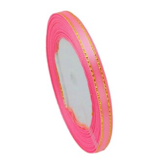 Satijn lint 6 mm roze met goud lurex randje