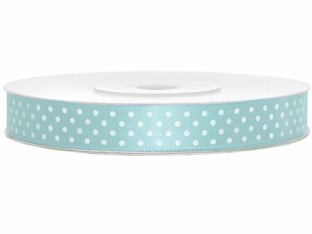 Satijn lint 25 mm licht blauw met witte stippen