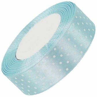 Satijn lint 38 mm licht blauw met witte stippen