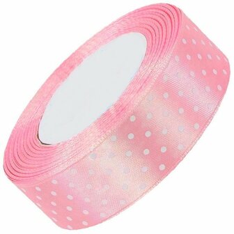 Satijn lint 38 mm roze met witte stippen