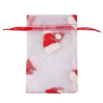 Organza zakjes wit met kerstmuts 7 x 9