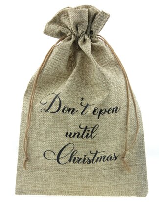 Jute zakje 20 x 30 cm don't open until christmas zwart