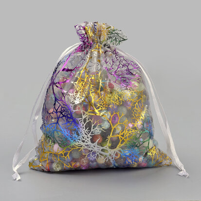  Organza zakjes wit met koraal print 12.5 x 17.5 cm