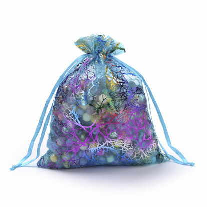  Organza zakjes aqua met koraal print 12.5 x 17.5 cm