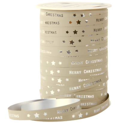 Krullint merry christmas beige zilver print 10 meter