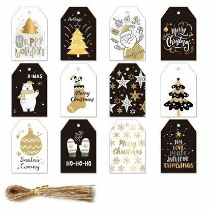 Kerst label 7 x 4.5 cm mix merry christmas goud zwart wit 12 stuks