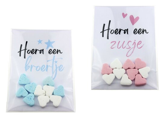 Geboortebedankje hoera een zusje of broertje pepermunt hartjes