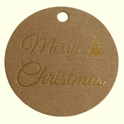 Kraft label rond merry christmas metallic goud