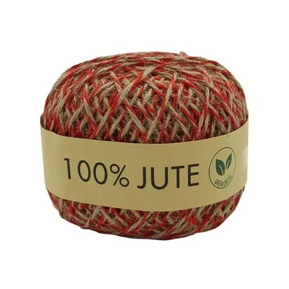 Jute touw 2 kleurig rood-naturel 1.5 mm dikte 100 meter bol