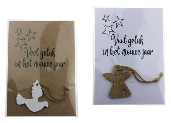 Kaart veel geluk in het nieuwe jaar met houten hanger
