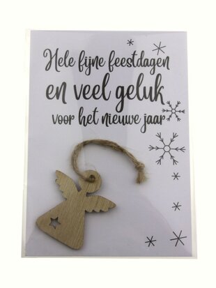 Kaart hele fijne feestdagen en veel geluk voor het nieuwe jaar met houten hanger