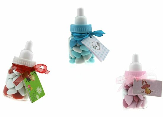 Geboortebedankjes papfles met mini hartjes doopsuiker