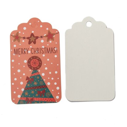 Kerst label 7 x 4.5 cm merry christmas kerstboom en sneeuw 10 stuk