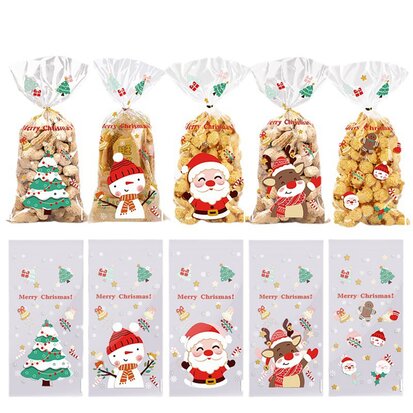 Cellofaan zakjes merry christmas mix printjes zonder plakstrip 12.5 x 27 cm 10 stuks