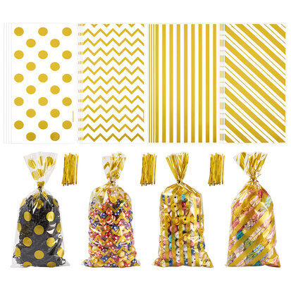 Cellofaan zakjes goud printjes mix onder plakstrip 12.5 x 27 cm 10 stuks