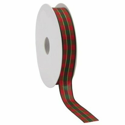 Schotse ruit lint 15 mm breed rood groen goud 15 meter rol