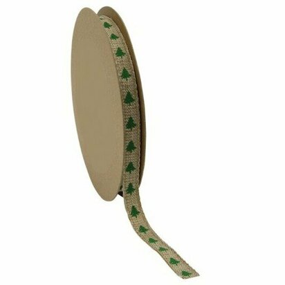 Jute look lint met groene kerstboom bedrukking 15 meter rol