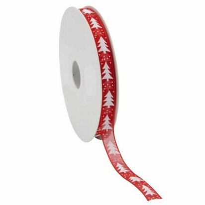 Organza lint rood met witte kerstboom opdruk 1 cm breed 20 meter rol