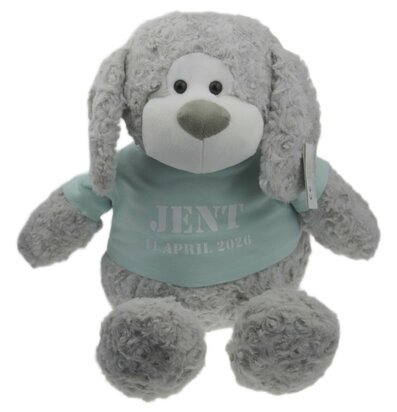 Geboorteknuffel hond grijs met naam en geboortedatum 