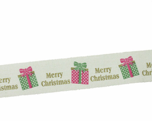 Kerstlint katoen merry christmas en kado 20 mm breed