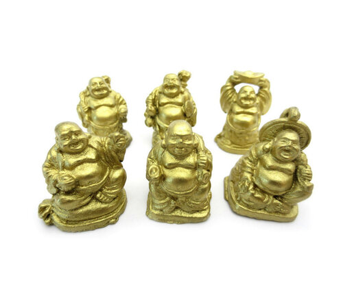 6 Lachende boeddha goud 3 cm