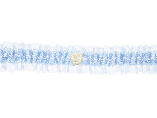 Kousenband licht blauw kant en organza met wit bloemetje