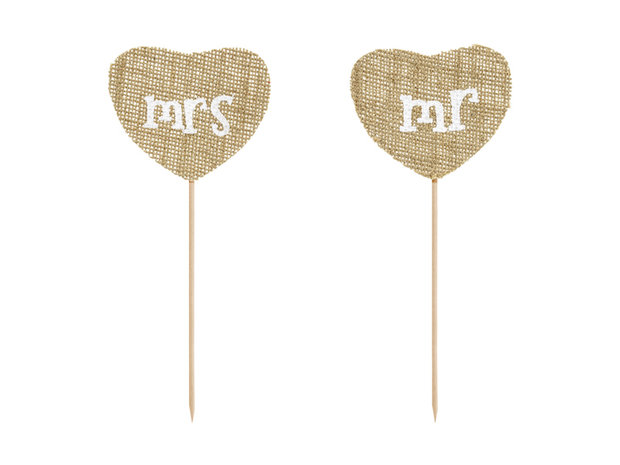 Taart topper jute hartjes