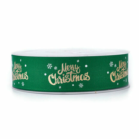Kerstlint merry christmas en ijskristal groen 25 mm breed