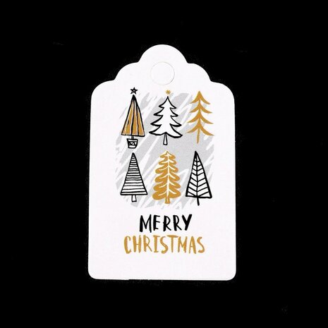 Kerst label wit 3 x 5 cm schulpjes kerstboom merry christmas 10 stuks