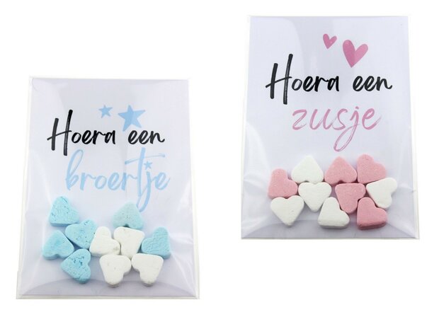 Geboortebedankje hoera een zusje of broertje pepermunt hartjes