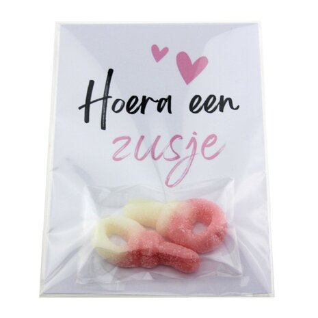 Geboortebedankje hoera een broertje of zusje met 2 snoepspeentjes