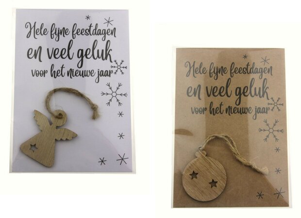 Kaart hele fijne feestdagen en veel geluk voor het nieuwe jaar met houten hanger