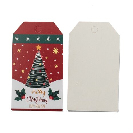 Kerst label donker rood 7 x 4.5 cm merry christmas kerstboom en sneeuw 10 stuk