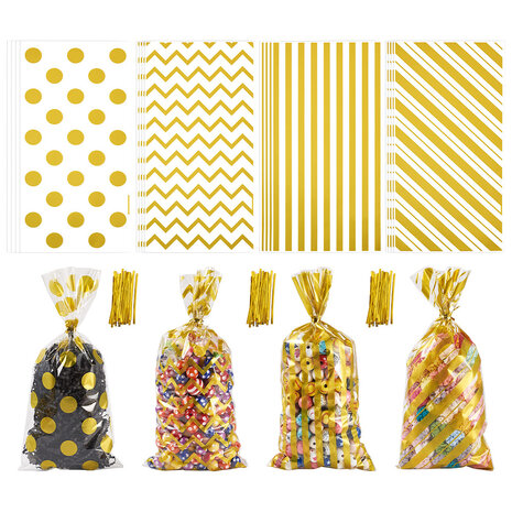 Cellofaan zakjes goud printjes mix onder plakstrip 12.5 x 27 cm 10 stuks
