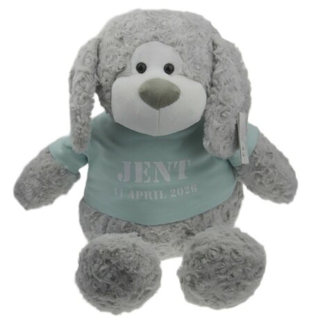 Geboorteknuffel hond grijs met naam en geboortedatum 